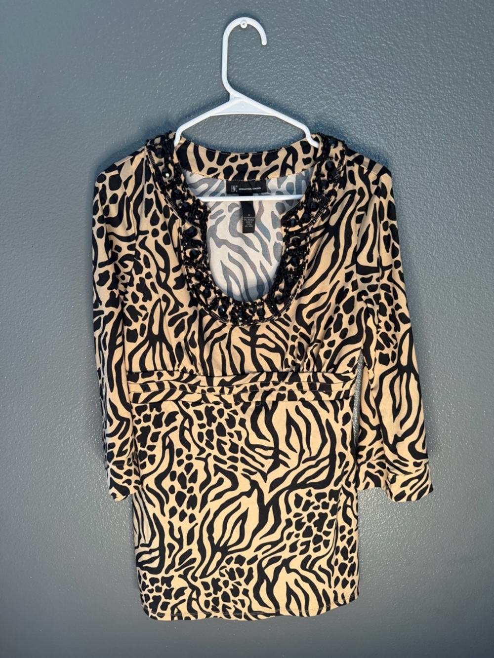 Black & Beige Animal Print Beaded Scoop Neck Blouse